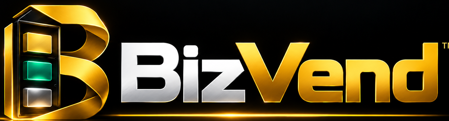 BizVend official gold emblem and silver-and-gold wordmark